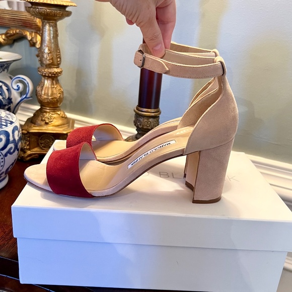 EUC Manolo Blahnik Lauratomod Velukid Block Heel Sandals Tan Rusty Red 38 or 8 - Picture 6 of 10